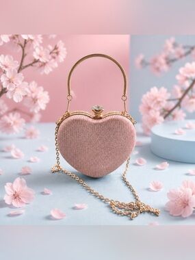 Heart-Shaped Pink Evening Bag with Gold Chain